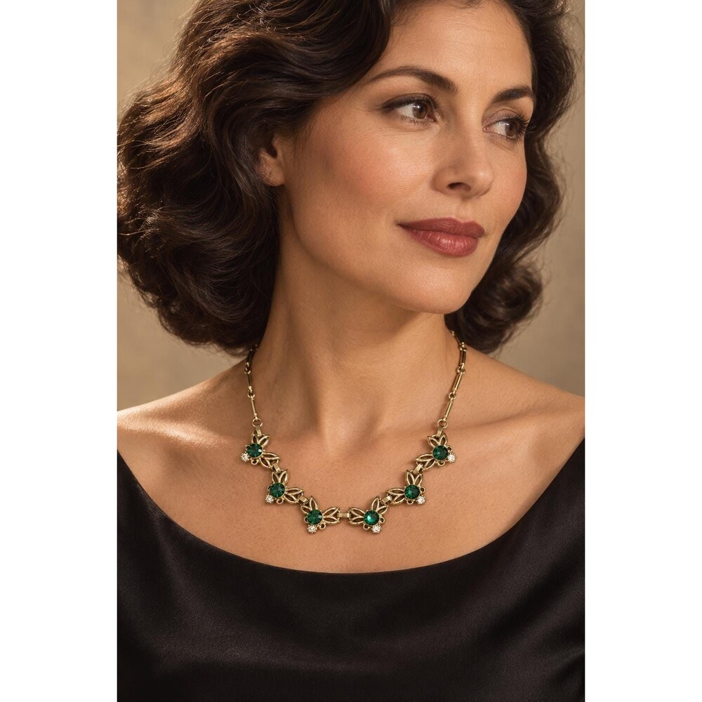 Vintage Green Rhinestone Floral Gold Tone Necklace Hook Clasp
